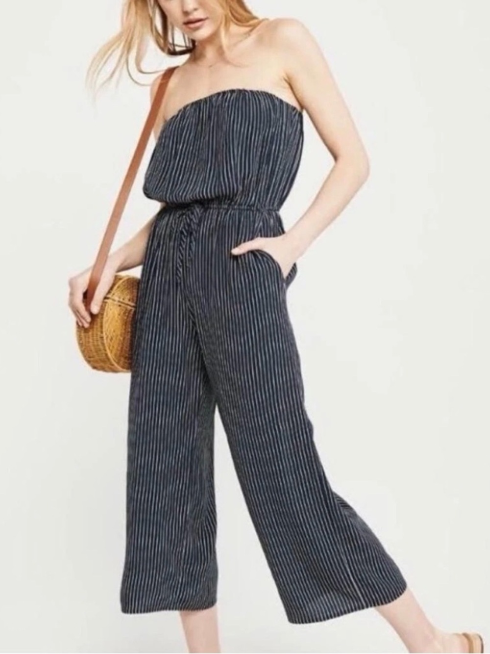 Abercrombie & Fitch Striped Blue Strapless Jumpsuit Size M